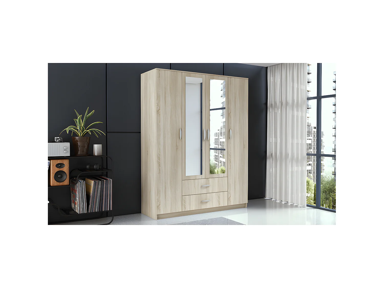 ROMA | Grande Armoire chambre bureau 205x160x52 cm | Penderie | 2 portes | 2 Miroirs | 2 tiroirs | Meuble de rangement