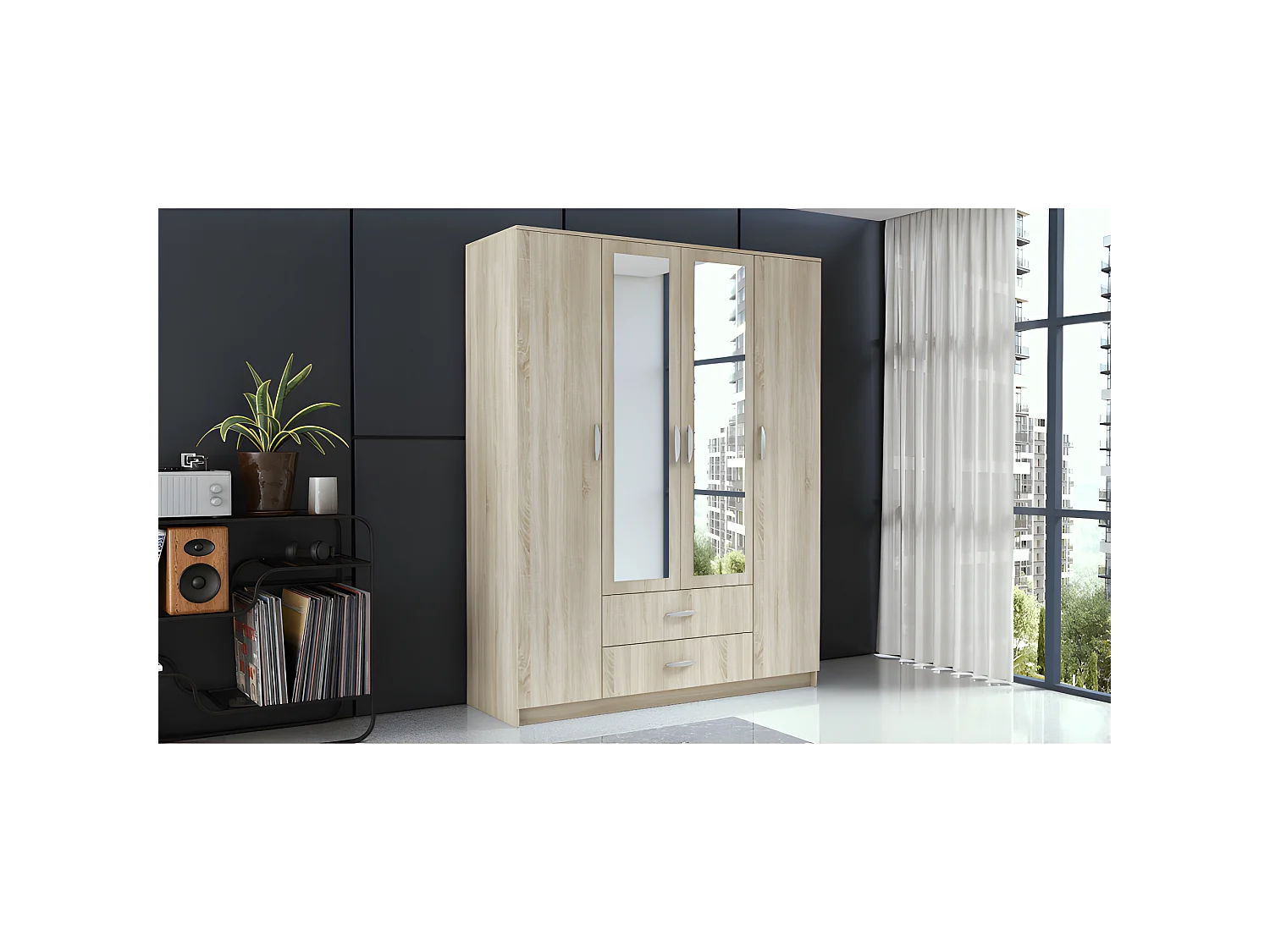 ROMA | Großer Schrank Zimmer Büro 205x160x52 cm | Kleiderschrank | 2 Türen | 2 Spiegel | 2 Schubladen | Aufbewahrungsmöbel