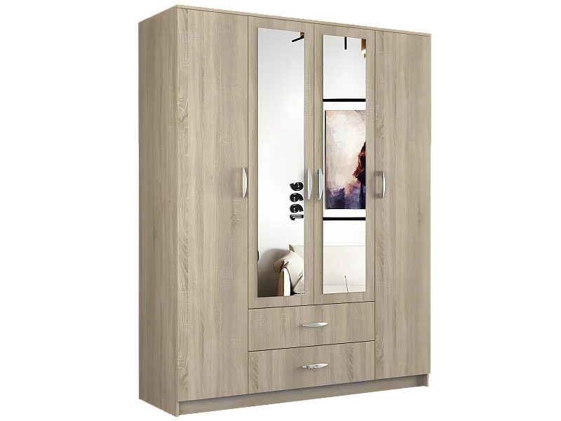 ROMA | Grande armadio per camera da letto da ufficio 205x160x52 cm | Guardaroba | 2 ante | 2 specchi | 2 cassetti | Mobile contenitore