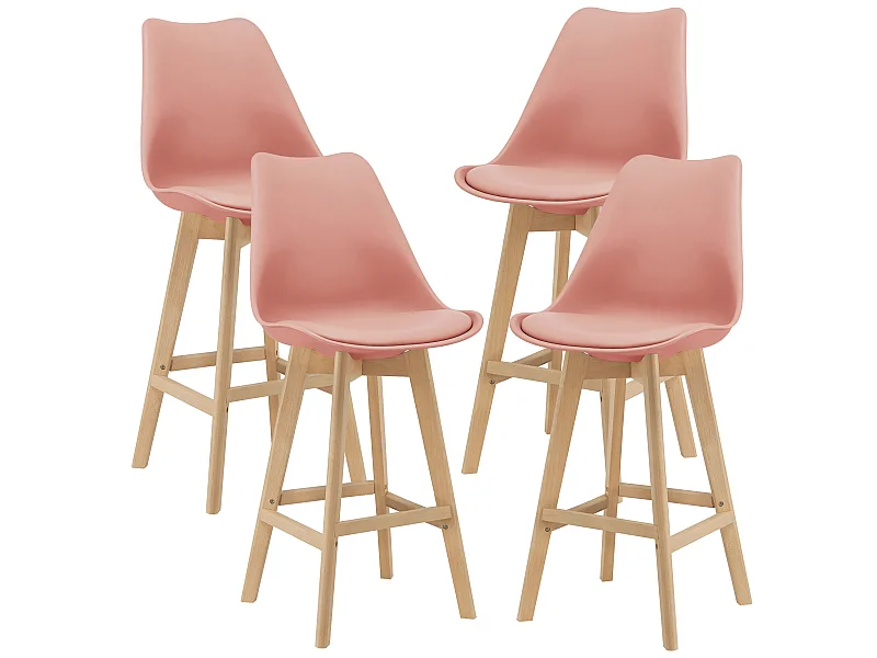 Lot de 4 Tabourets de Bar Lublin Plastique Simili Hêtre 105 x 48 x 58 cm Rose [en.casa]