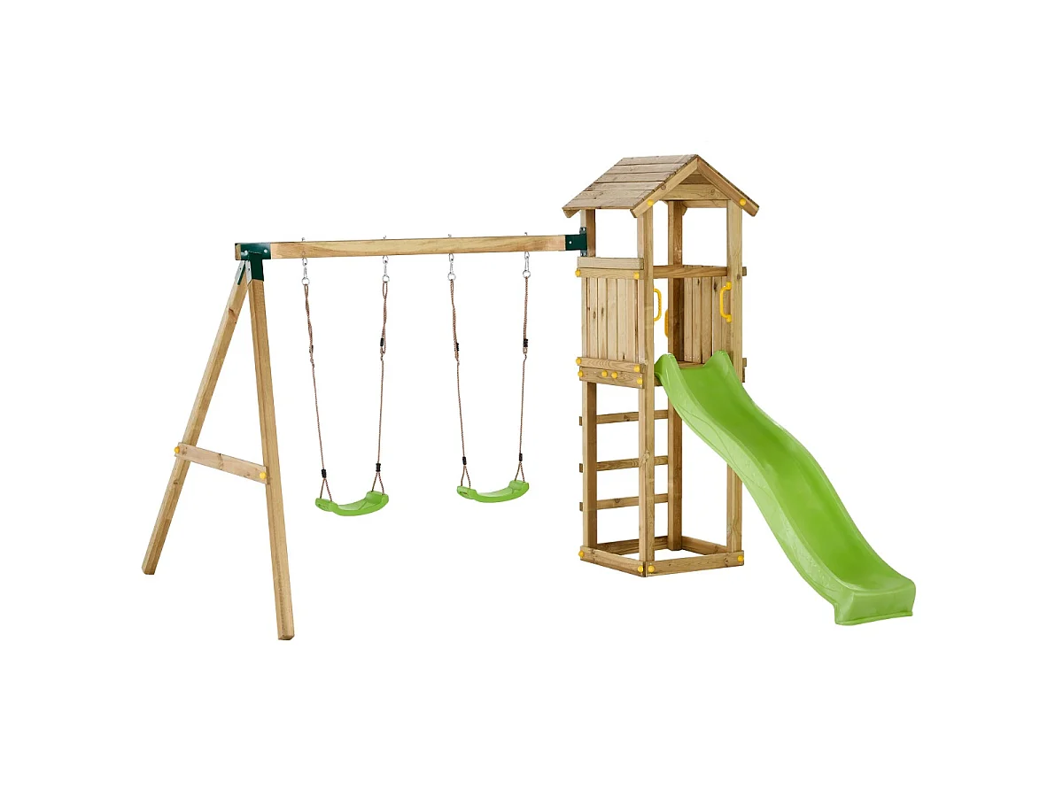 Kangui Aire de jeux Portique en bois WALLI - Double Balançoire, Toboggan, Cabane, Echelle, Bac à sable