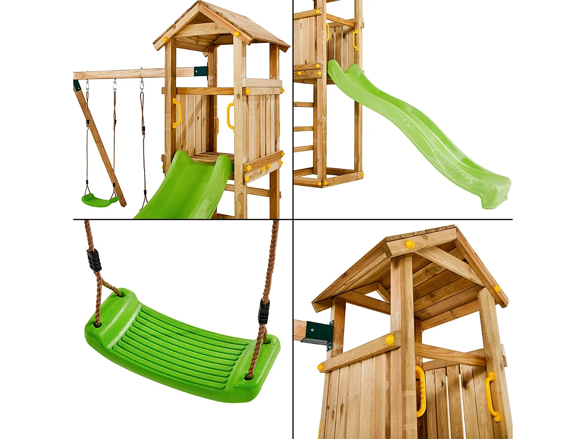 Kangui Aire de jeux Portique en bois WALLI - Double Balançoire, Toboggan, Cabane, Echelle, Bac à sable