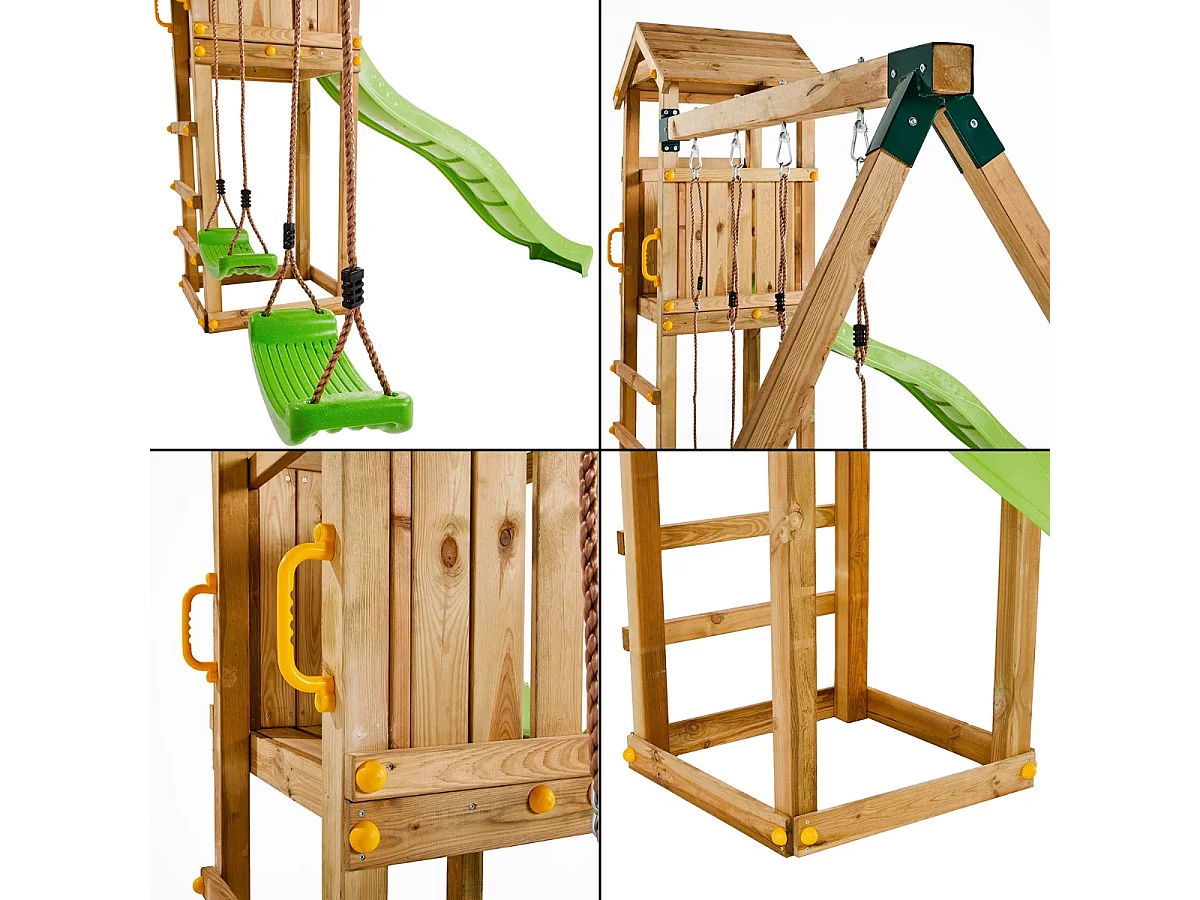 Kangui Aire de jeux Portique en bois WALLI - Double Balançoire, Toboggan, Cabane, Echelle, Bac à sable