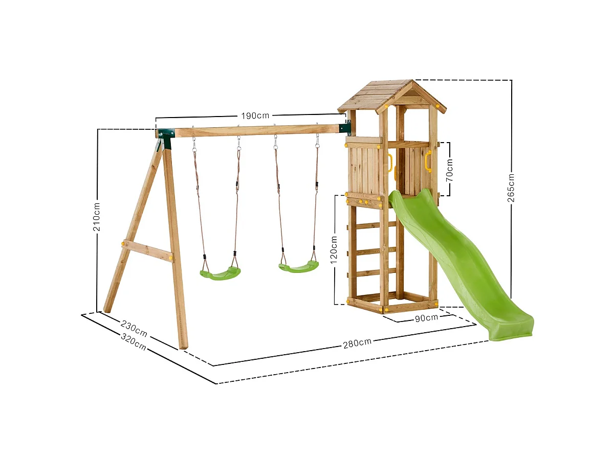Kangui Aire de jeux Portique en bois WALLI - Double Balançoire, Toboggan, Cabane, Echelle, Bac à sable