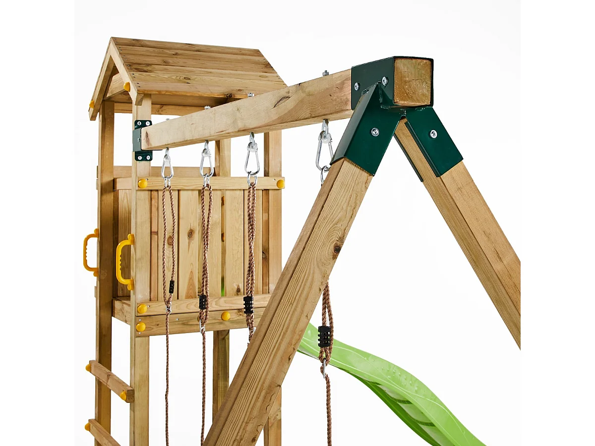 Kangui Aire de jeux Portique en bois WALLI - Double Balançoire, Toboggan, Cabane, Echelle, Bac à sable