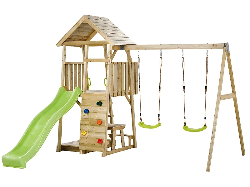 KANGUI Aire de jeux portique en bois WOODI - Double balançoire, toboggan, mur d'escalade, bac a sable, table pique nique, cabane, échelle