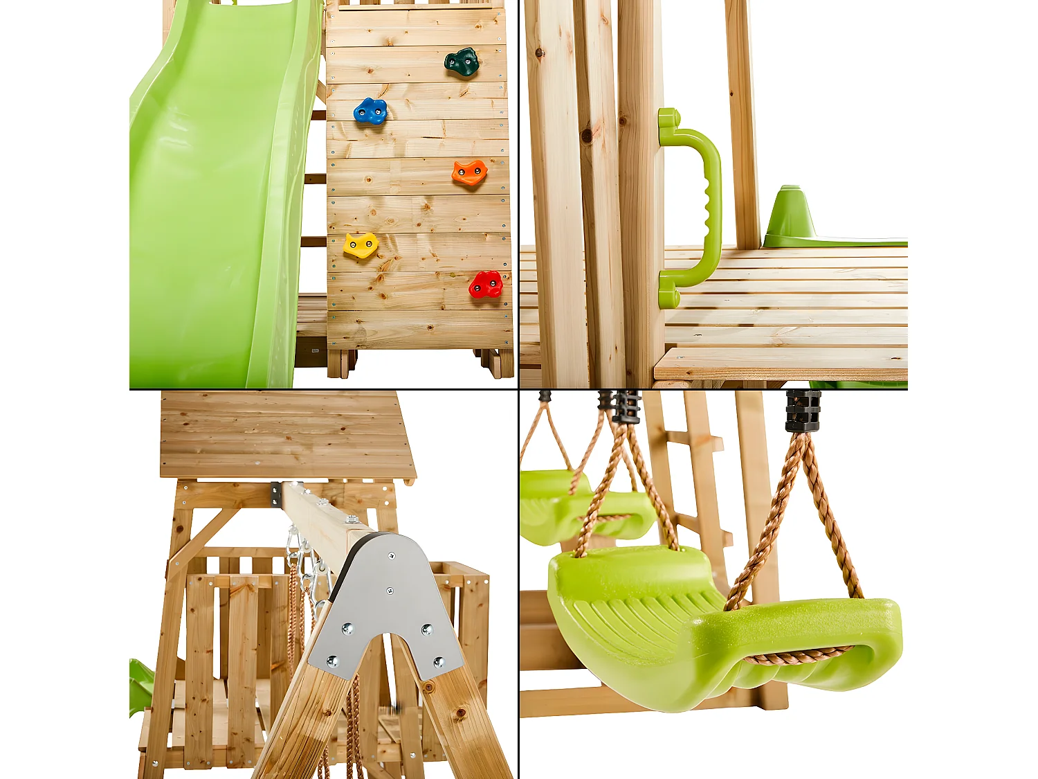 KANGUI Aire de jeux portique en bois WOODI - Double balançoire, toboggan, mur d'escalade, bac a sable, table pique nique, cabane, échelle