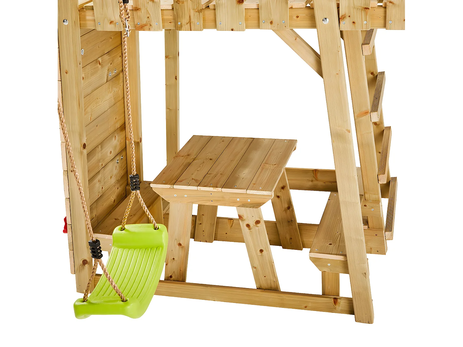 KANGUI Aire de jeux portique en bois WOODI - Double balançoire, toboggan, mur d'escalade, bac a sable, table pique nique, cabane, échelle