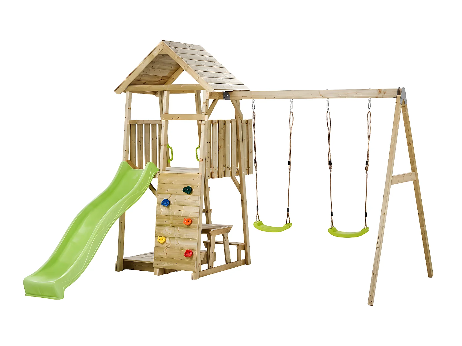 KANGUI Aire de jeux portique en bois WOODI - Double balançoire, toboggan, mur d'escalade, bac a sable, table pique nique, cabane, échelle