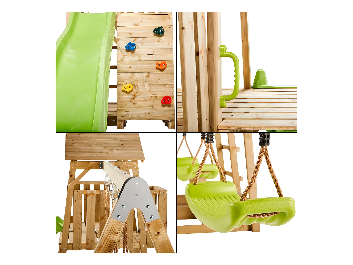 KANGUI Aire de jeux portique en bois WOODI - Double balançoire, toboggan, mur d'escalade, bac a sable, table pique nique, cabane, échelle