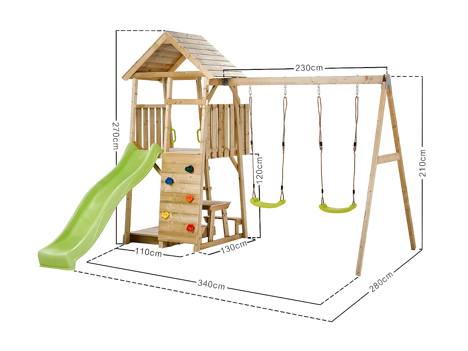 KANGUI Aire de jeux portique en bois WOODI - Double balançoire, toboggan, mur d'escalade, bac a sable, table pique nique, cabane, échelle