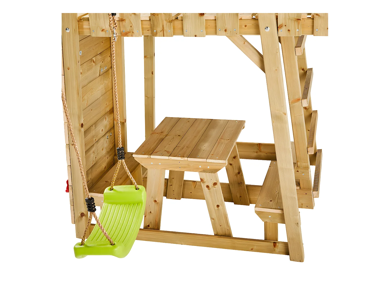 KANGUI Aire de jeux portique en bois WOODI - Double balançoire, toboggan, mur d'escalade, bac a sable, table pique nique, cabane, échelle