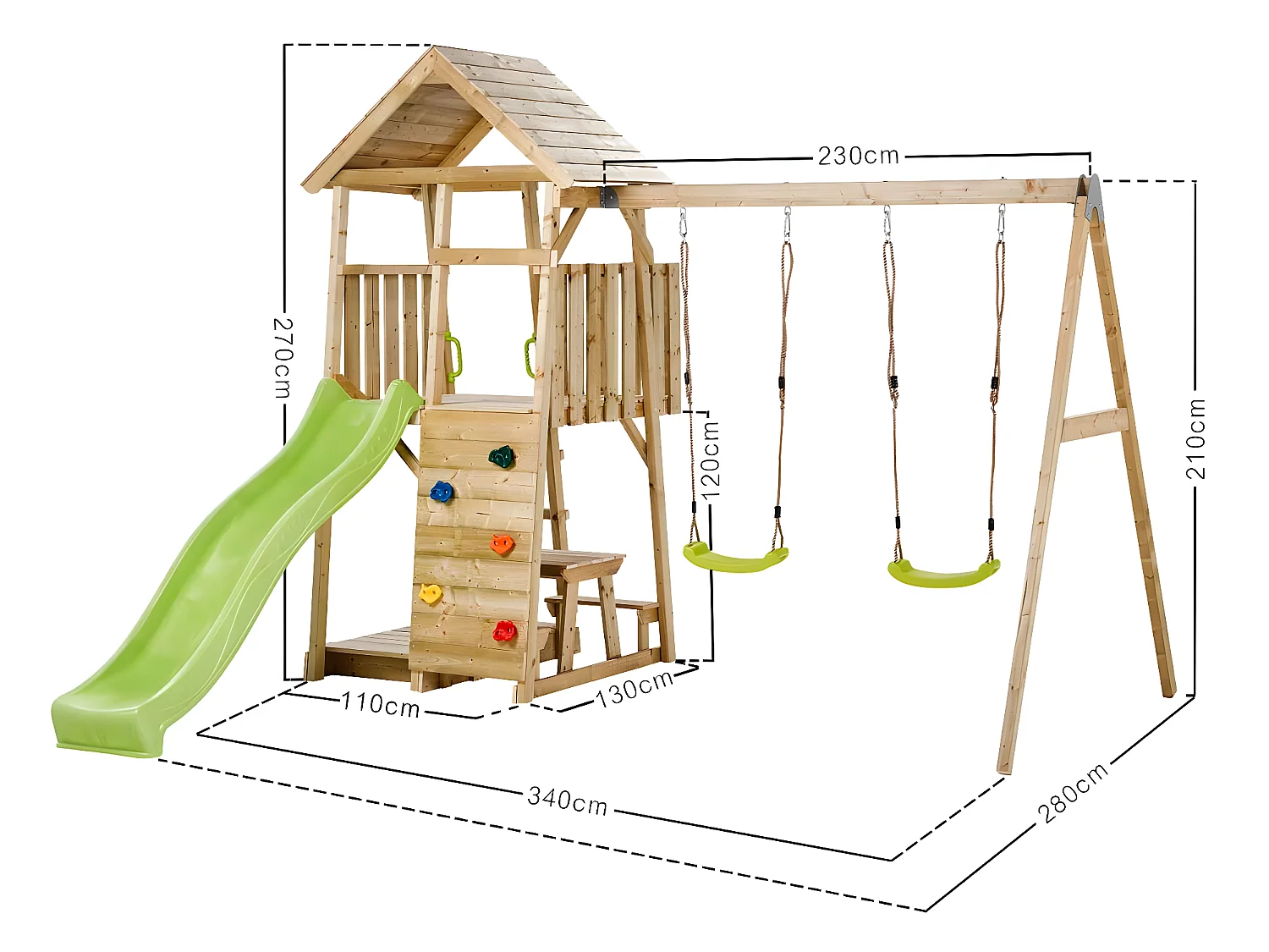 KANGUI Aire de jeux portique en bois WOODI - Double balançoire, toboggan, mur d'escalade, bac a sable, table pique nique, cabane, échelle