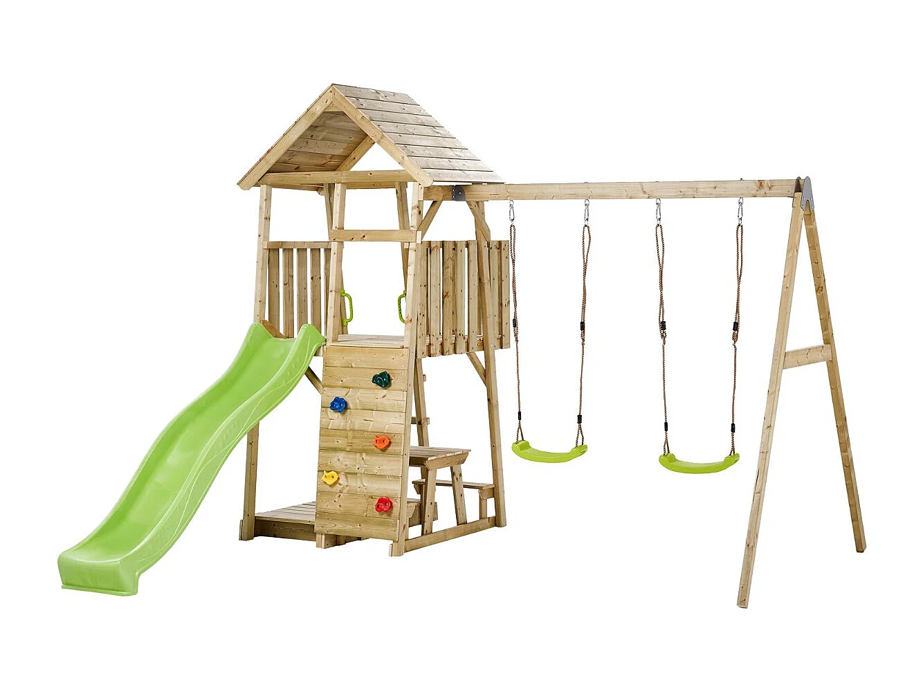 Kangui - Aire de jeux portique en bois WOODI - Double balançoire, toboggan, mur d'escalade, bac a sable, table pique nique, cabane, échelle