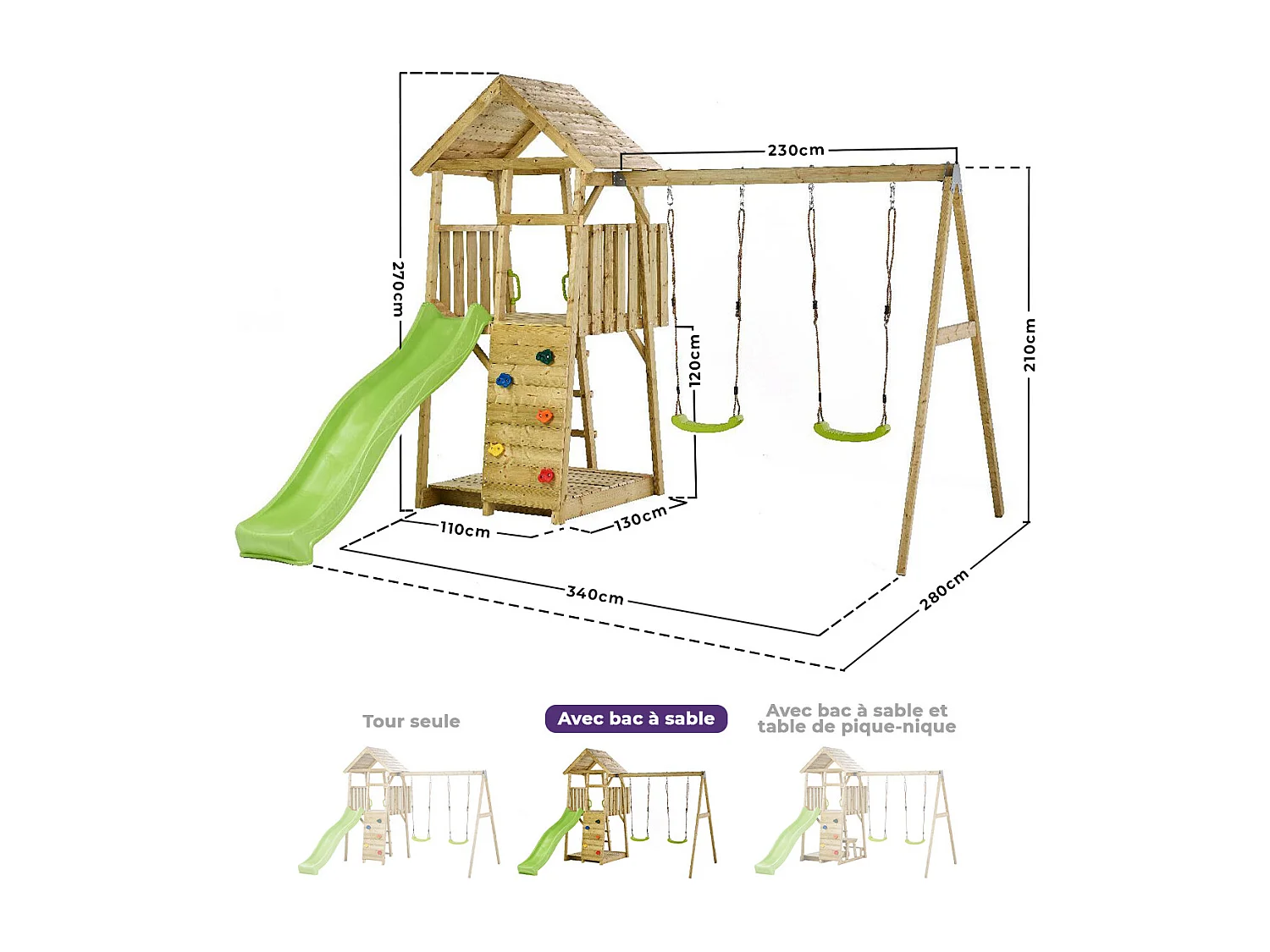 Kangui - Aire de jeux portique en bois WOODI - Double balançoire, toboggan, mur d'escalade, bac a sable, table pique nique, cabane, échelle