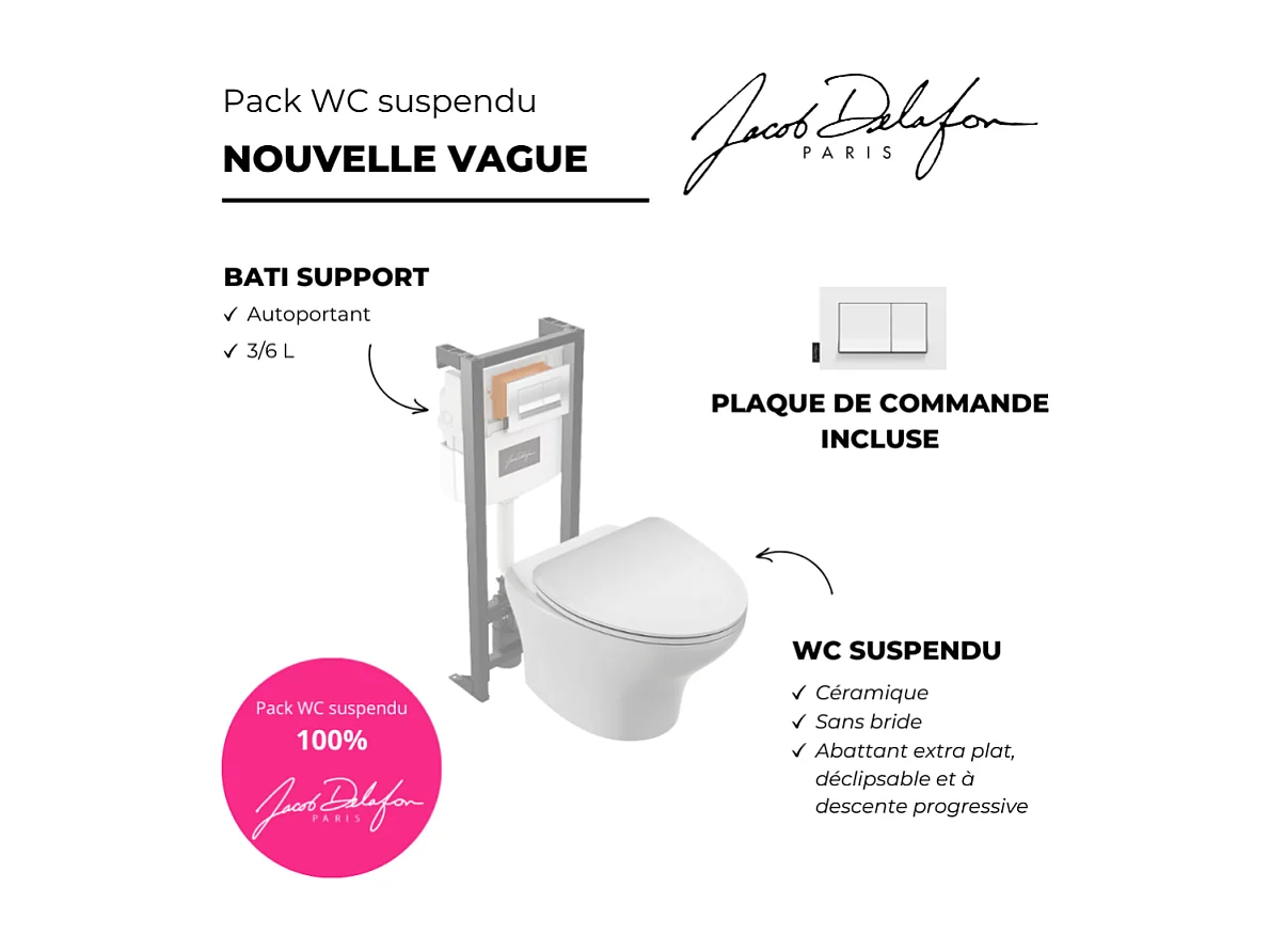Pack WC suspendu sans bride JACOB DELAFON Nouvelle vague + bâti-support + plaque Blanc brillant