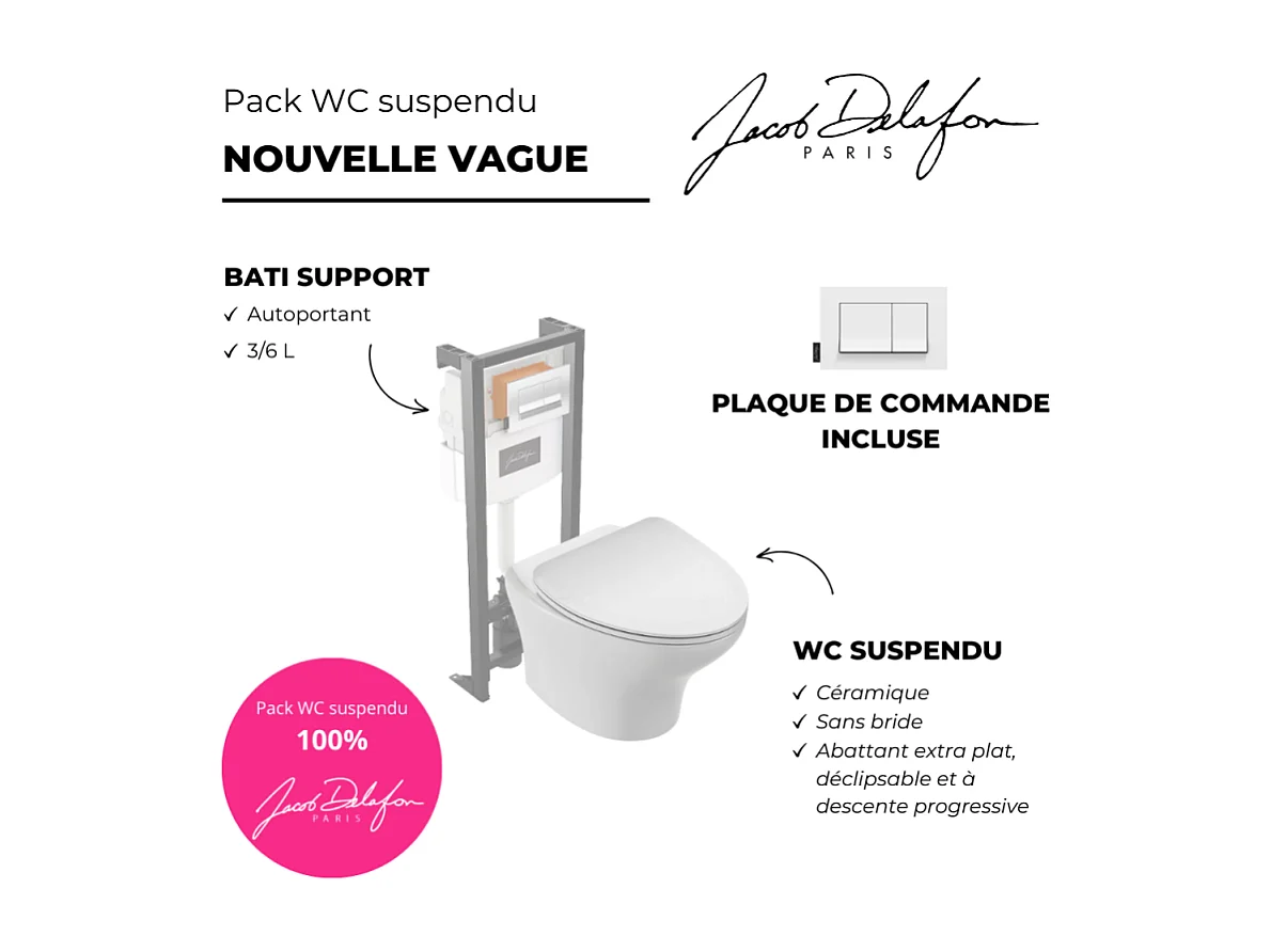 Pack WC suspendu sans bride JACOB DELAFON Nouvelle vague + bâti-support + plaque Blanc brillant