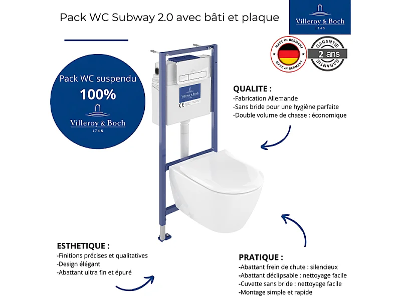 Pack WC sans bride VILLEROY ET BOCH Subway 2.0 abattant frein de chute + bâti-support sol et mur Viconnect PRO + plaque Chromé