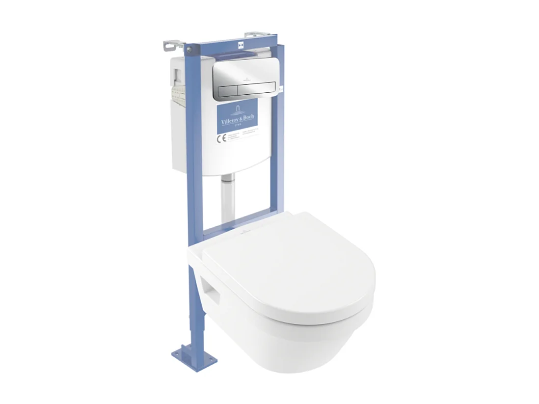 Pack WC suspendu sans bride VILLEROY ET BOCH Architectura directflush + abattant frein de chute + bâti-support autoportant + plaque chromée