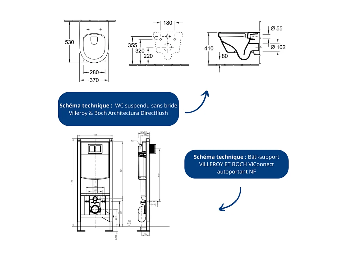 Pack WC suspendu sans bride VILLEROY ET BOCH Architectura directflush + abattant frein de chute + bâti-support autoportant + plaque chromée