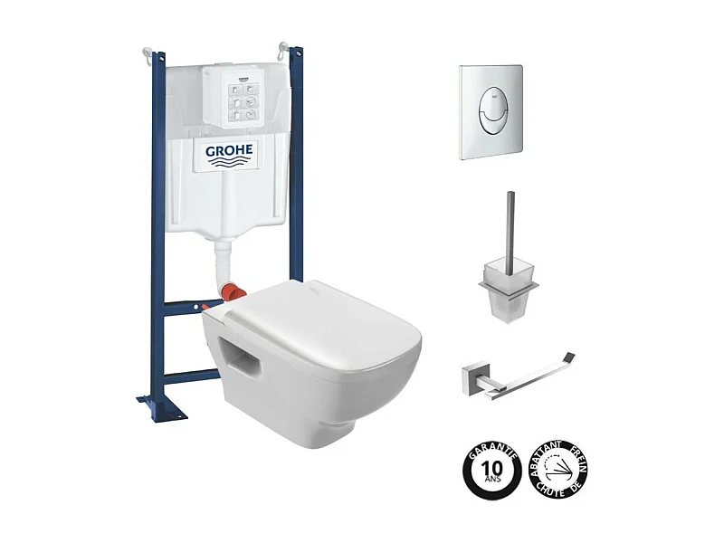 Pack WC suspendu sans bride JACOB DELAFON Struktura + Bati-support GROHE + plaque Start chrome + porte-balai + porte-rouleau carré