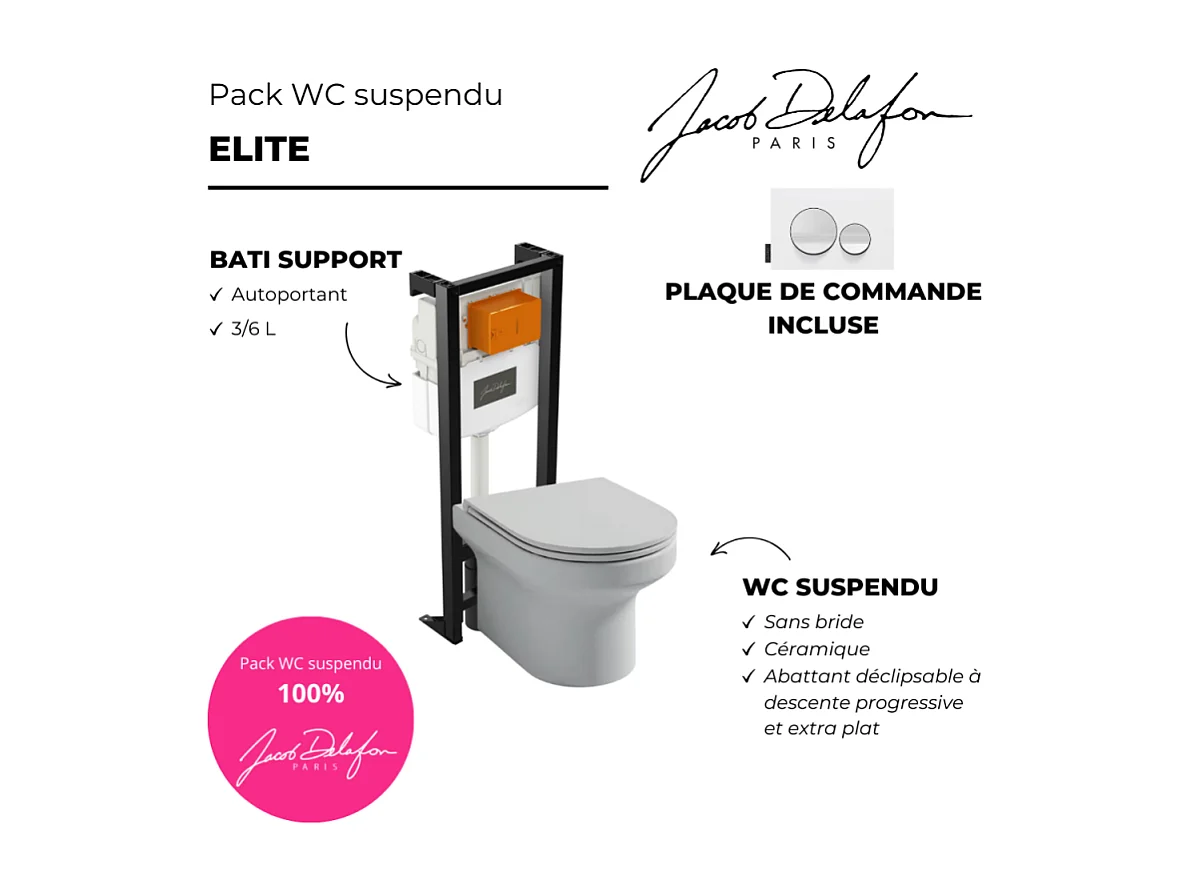 Pack WC suspendu sans bride  JACOB DELAFON Elite + bâti-support + plaque Blanc brillant/Blanc mat