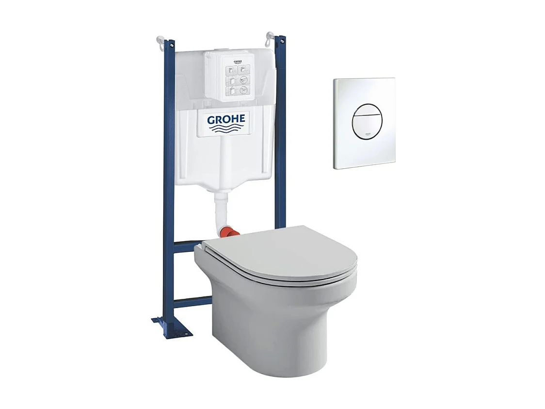 Pack WC suspendu sans bride + abattant + Bâti support + Sail Plaque de commande WC rond blanc