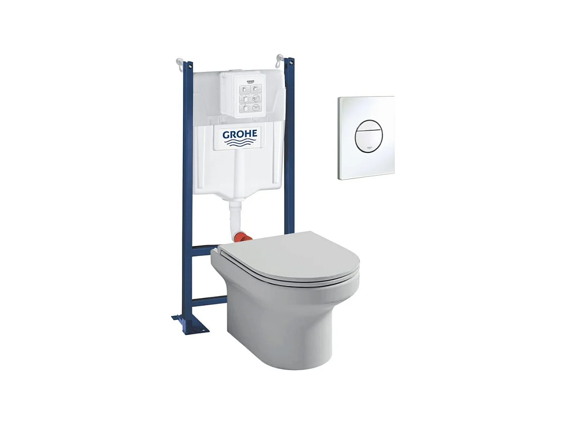 Pack WC suspendu sans bride + abattant + Bâti support + Sail Plaque de commande WC rond blanc