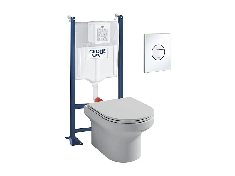 Pack WC suspendu sans bride + abattant + Bâti support + Sail Plaque de commande WC rond blanc