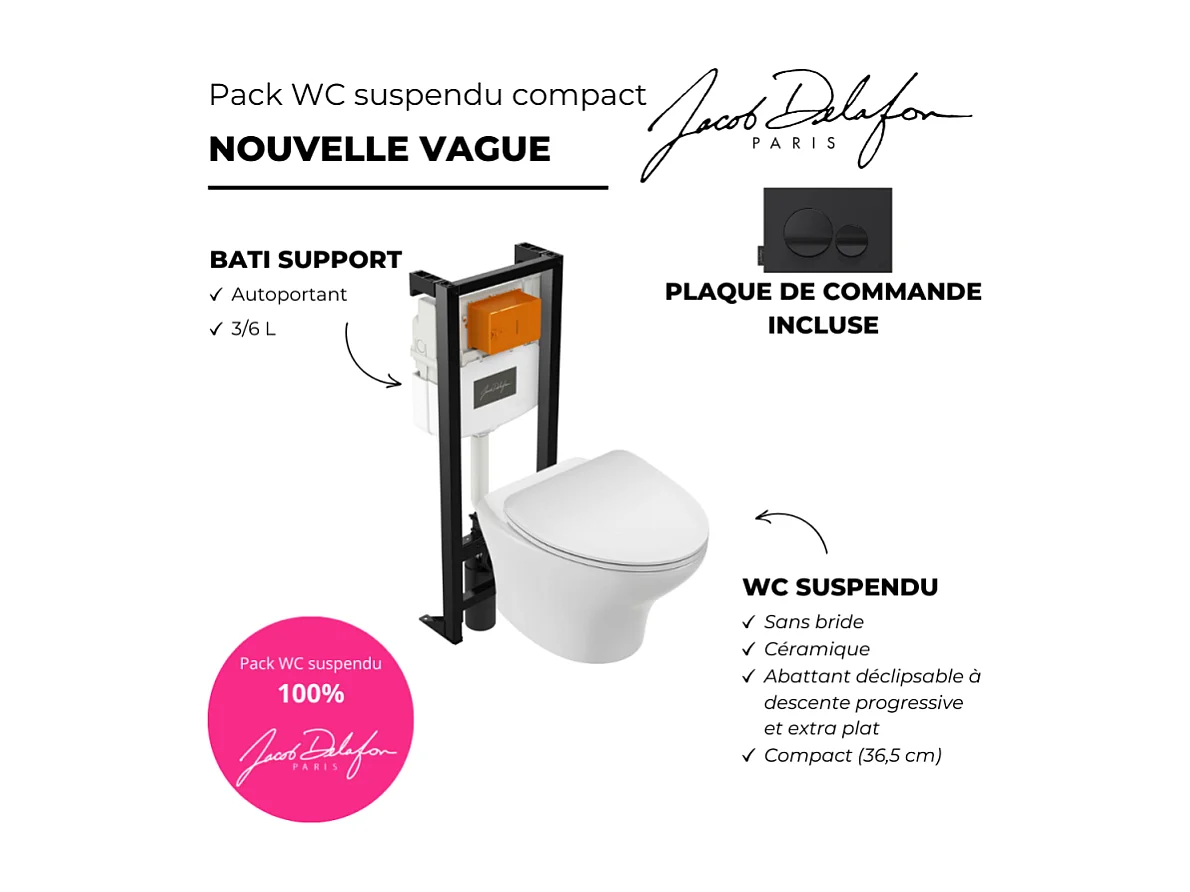 Pack WC suspendu sans bride compact JACOB DELAFON Nouvelle vague+ bâti-support + plaque Noir brillant/Noir mat