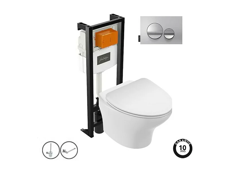 Pack WC suspendu sans bride compact JACOB DELAFON Nouvelle vague+ bâti-support + plaque Chrome brillant/Chrome mat + accessoires