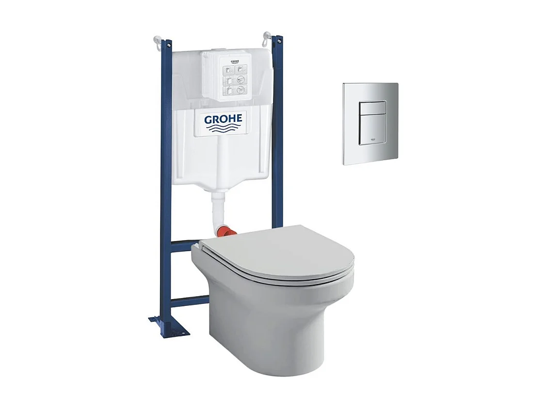 Pack WC suspendu sans bride + abattant + Bâti support + Even Plaque de commande WC carré chromé