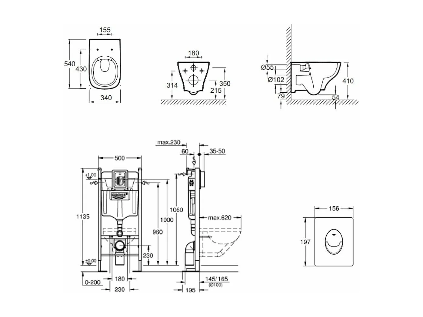 Pack WC suspendu sans bride JACOB DELAFON Struktura + Bati-support GROHE + plaque Start blanc