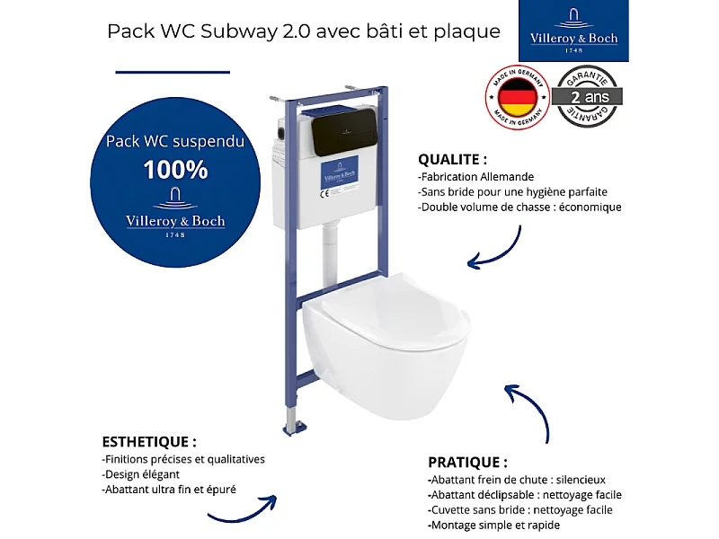 Pack WC sans bride VILLEROY ET BOCH Subway 2.0 avec abattant frein de chute + bâti Viconnect PRO + plaque noir mat
