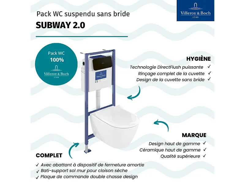 Pack WC sans bride VILLEROY ET BOCH Subway 2.0 avec abattant frein de chute + bâti Viconnect PRO + plaque noir mat