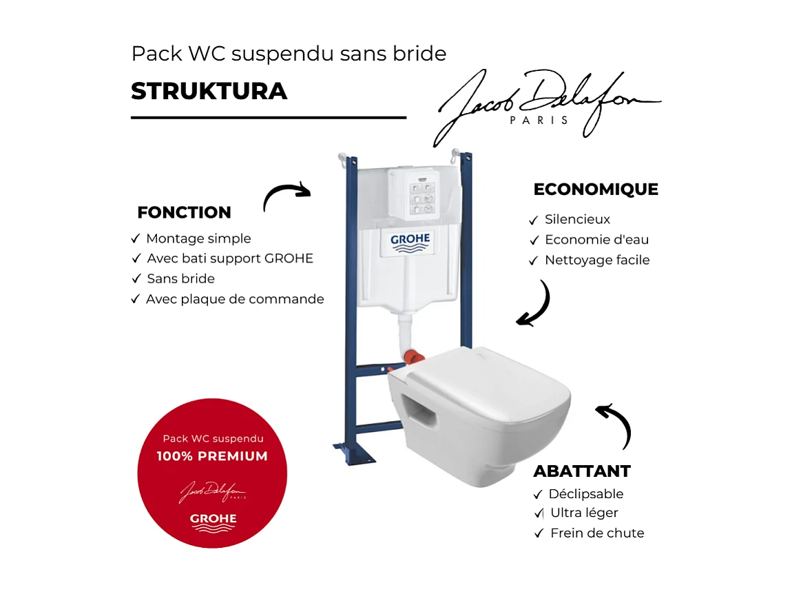 Pack WC suspendu sans bride JACOB DELAFON Struktura + Bati-support GROHE + plaque Start chrome
