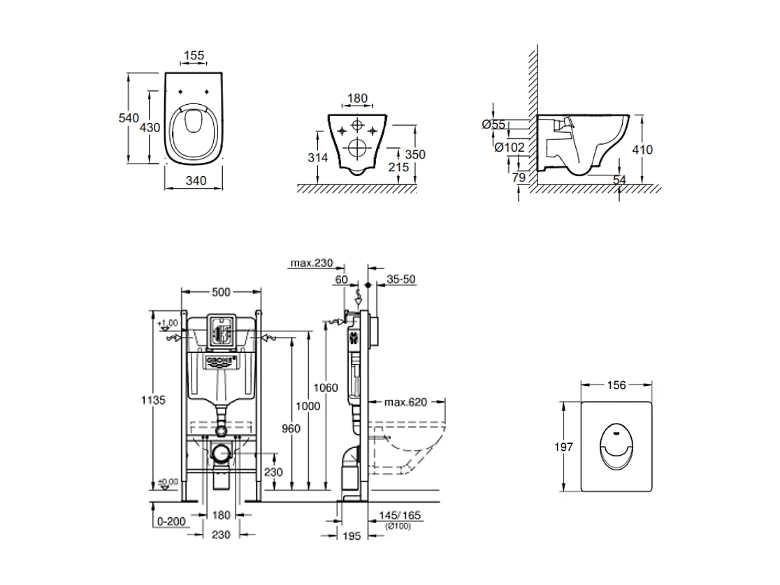 Pack WC suspendu sans bride JACOB DELAFON Struktura + Bati-support GROHE + plaque Start chrome