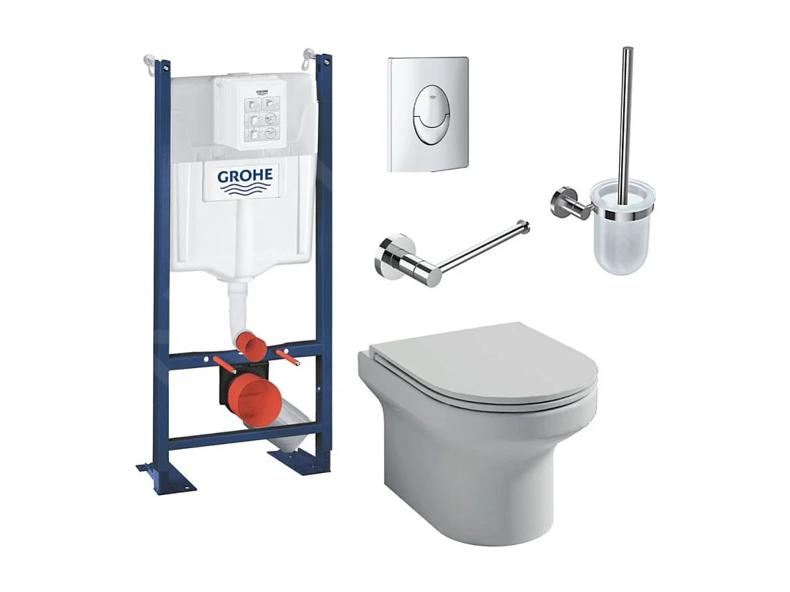 Pack WC suspendu sans bride JACOB DELAFON Elite + Bâti support GROHE Rapid SL + plaque chromé + Porte-balai + Porte-rouleau