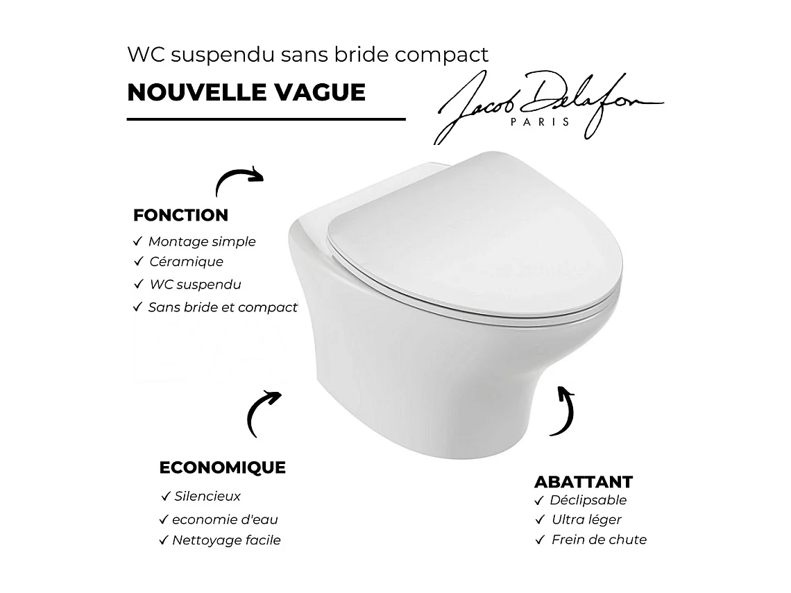 Pack WC suspendu sans bride compact JACOB DELAFON Nouvelle vague+ bâti-support + plaque Blanc brillant/Blanc mat + accessoires