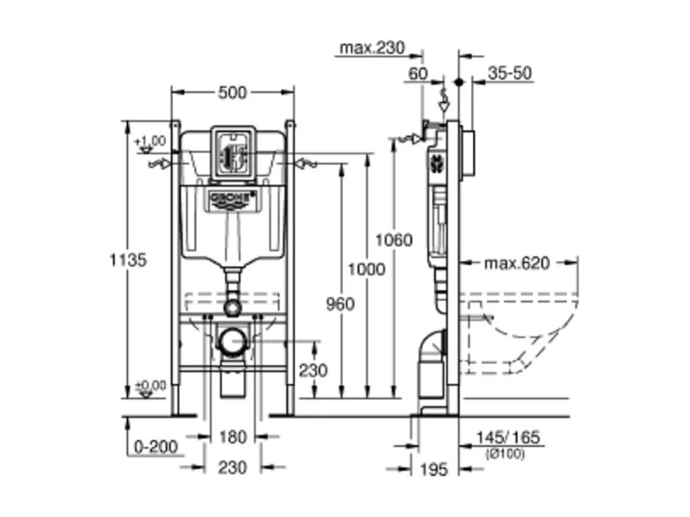 Lot WC modèle suspendu VILLEROY ET BOCH Universo TwistFlush blanc + bâti et plaque chromée GROHE