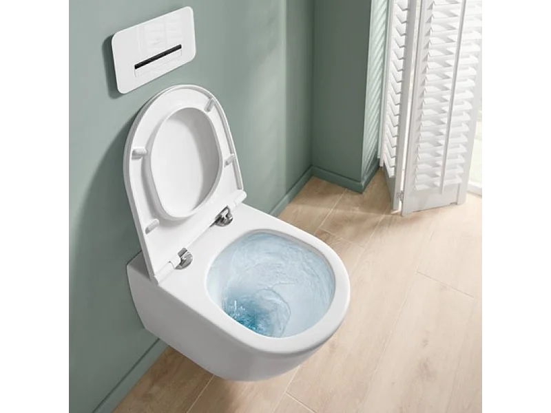 Lot WC modèle suspendu VILLEROY ET BOCH Universo TwistFlush blanc + bâti et plaque chromée GROHE