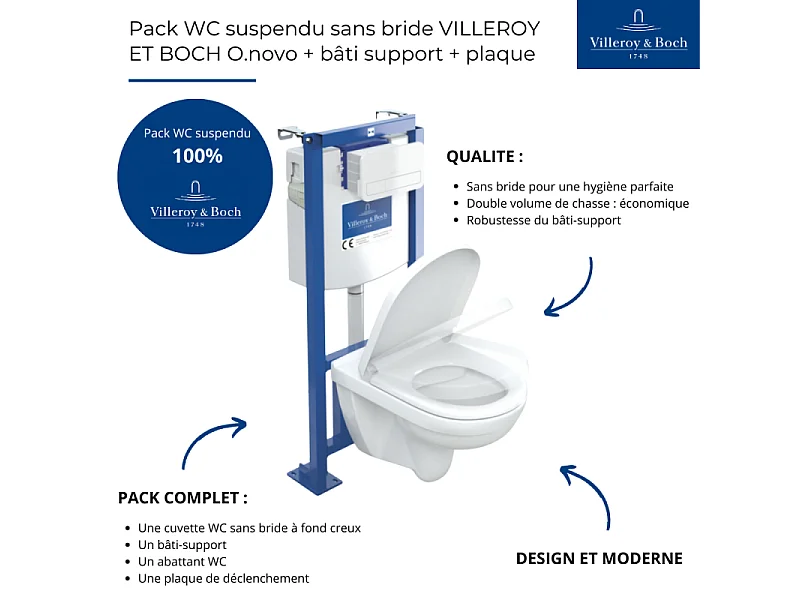Pack WC suspendu sans bride VILLEROY ET BOCH O.novo + abattant + plaque blanche + bâti