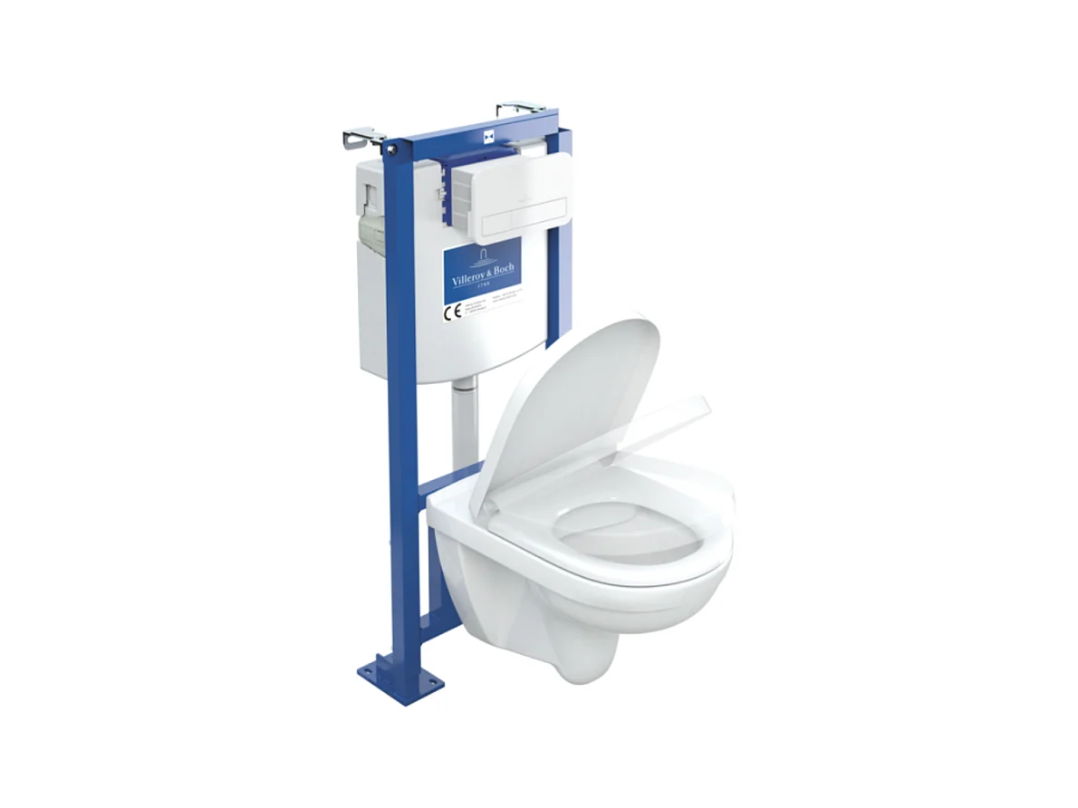 Pack WC suspendu sans bride VILLEROY ET BOCH O.novo + abattant + plaque blanche + bâti