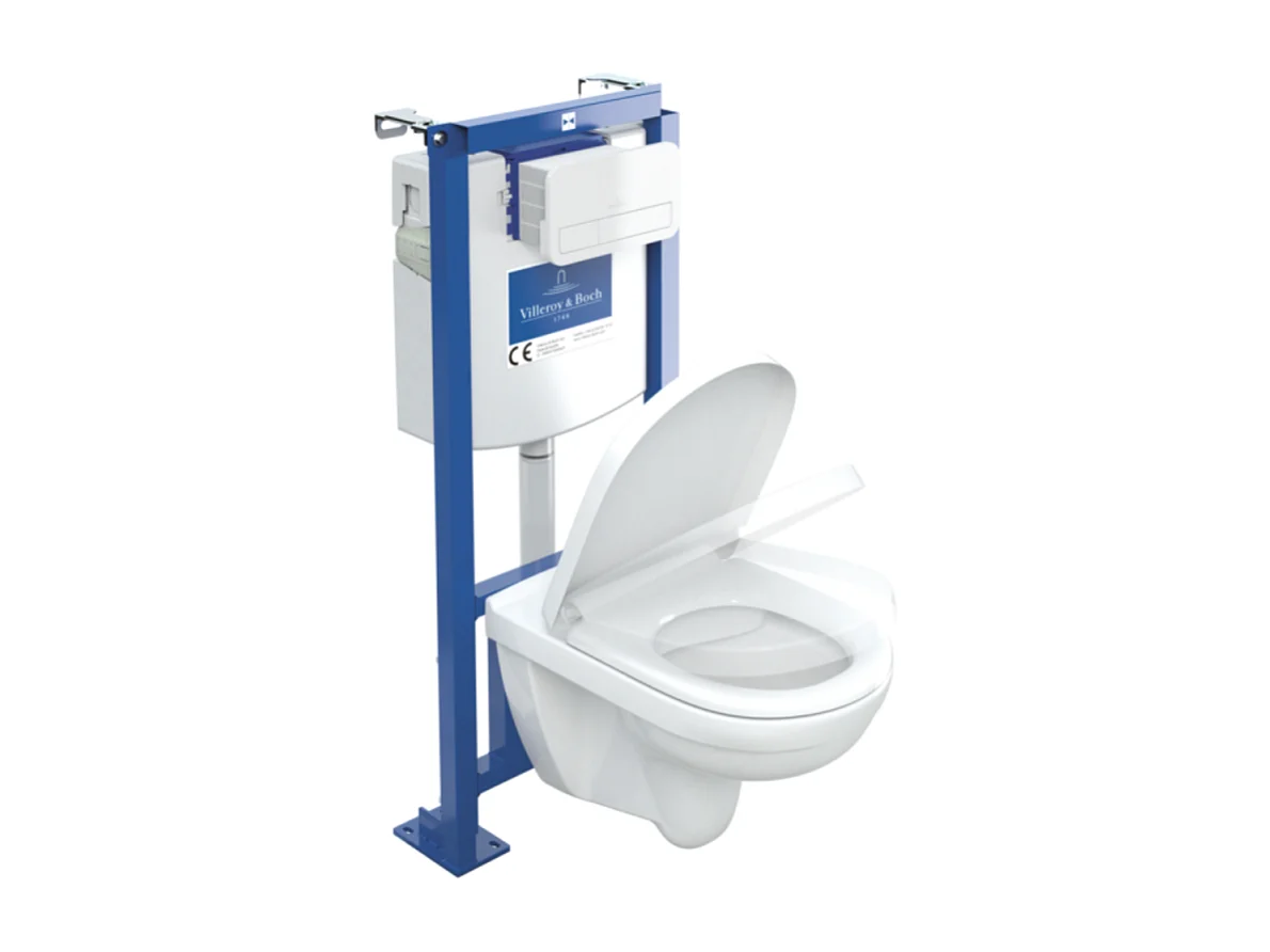 Pack WC suspendu sans bride VILLEROY ET BOCH O.novo + abattant + plaque blanche + bâti