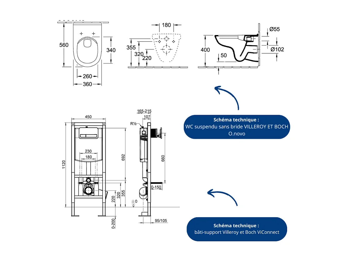 Pack WC suspendu sans bride VILLEROY ET BOCH O.novo + abattant + plaque blanche + bâti