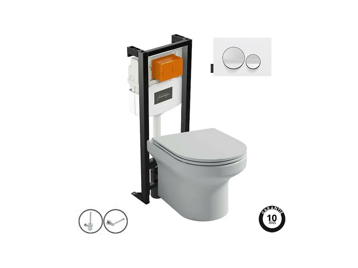 Pack WC suspendu sans bride  JACOB DELAFON Elite + bâti-support + plaque Blanc brillant/Blanc mat + accessoires