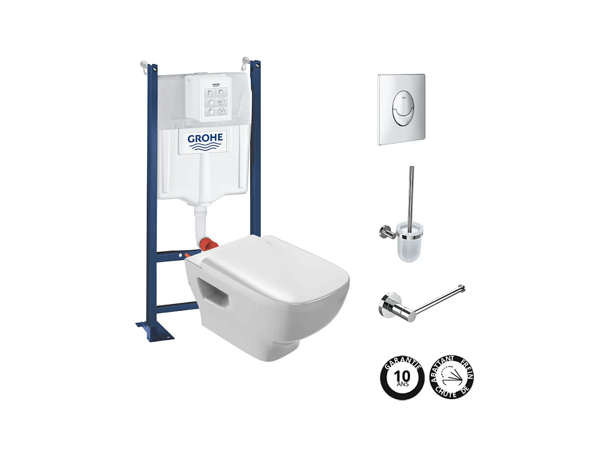 Pack WC suspendu sans bride JACOB DELAFON Struktura + Bati-support GROHE + plaque Start chrome + porte-balai + porte-rouleau rond
