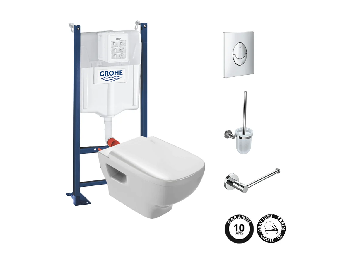 Pack WC suspendu sans bride JACOB DELAFON Struktura + Bati-support GROHE + plaque Start chrome + porte-balai + porte-rouleau rond