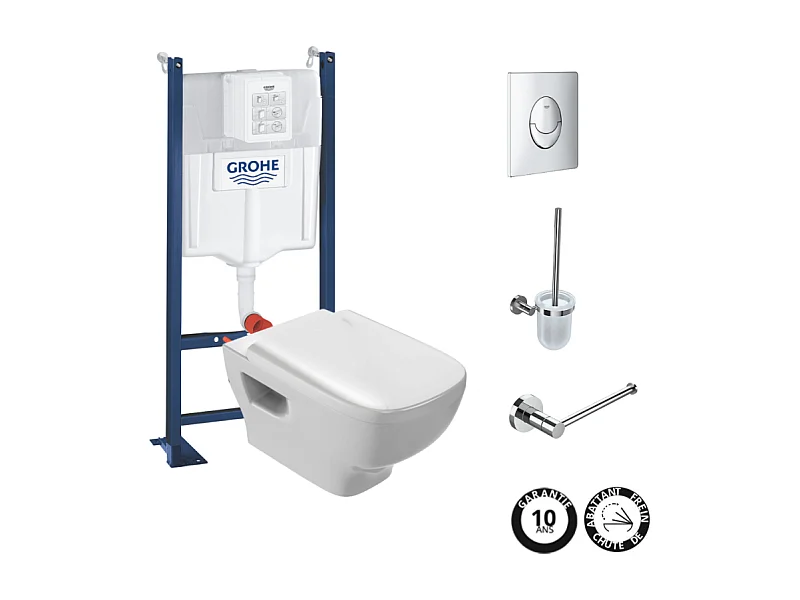 Pack WC suspendu sans bride JACOB DELAFON Struktura + Bati-support GROHE + plaque Start chrome + porte-balai + porte-rouleau rond