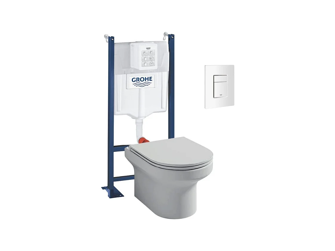 Pack WC suspendu sans bride + abattant + Bâti support + Even Plaque de commande WC carré blanc
